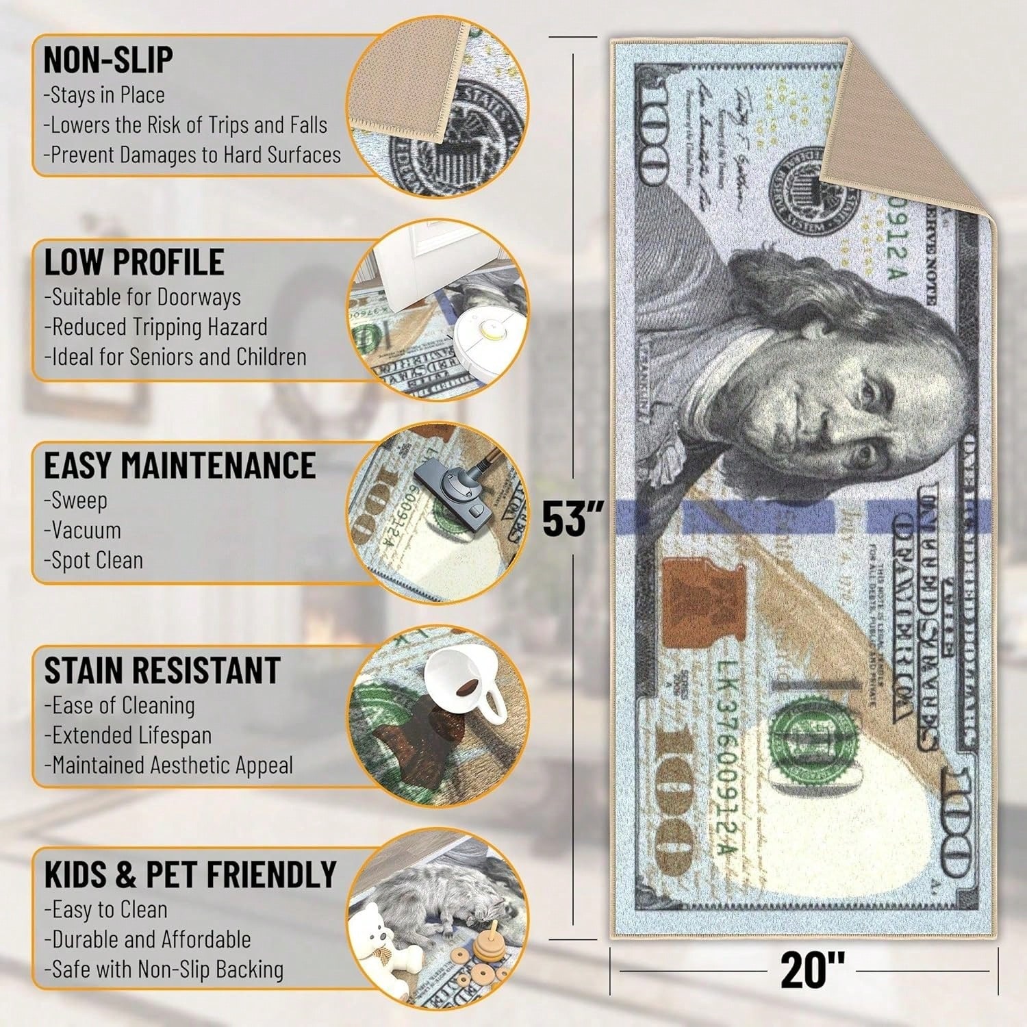 Money Rugs 100 Dollar Bill Run - Home Textiles Rug ulasan dan harga