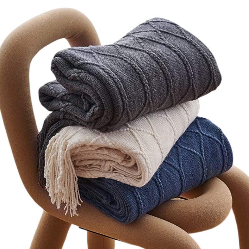 Vintage Khaki Grey Navy Tassel - Throw Blanket Chunky Knit ulasan dan harga